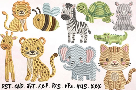 10 Cute Safari Animals Embroidery Bundle