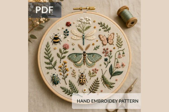 Botanical Insects Embroidery Pattern PDF